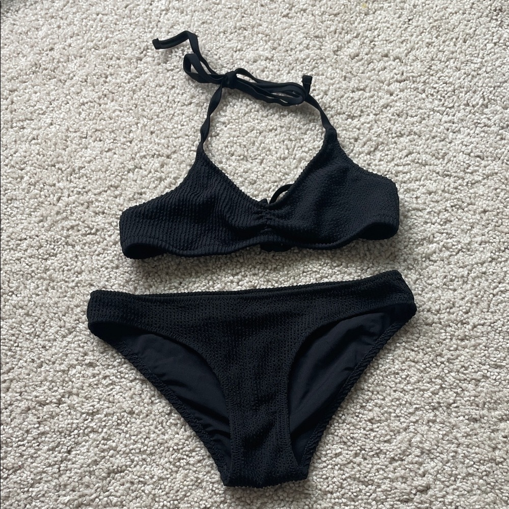 aerie Black Textured Halter Bikini Set
